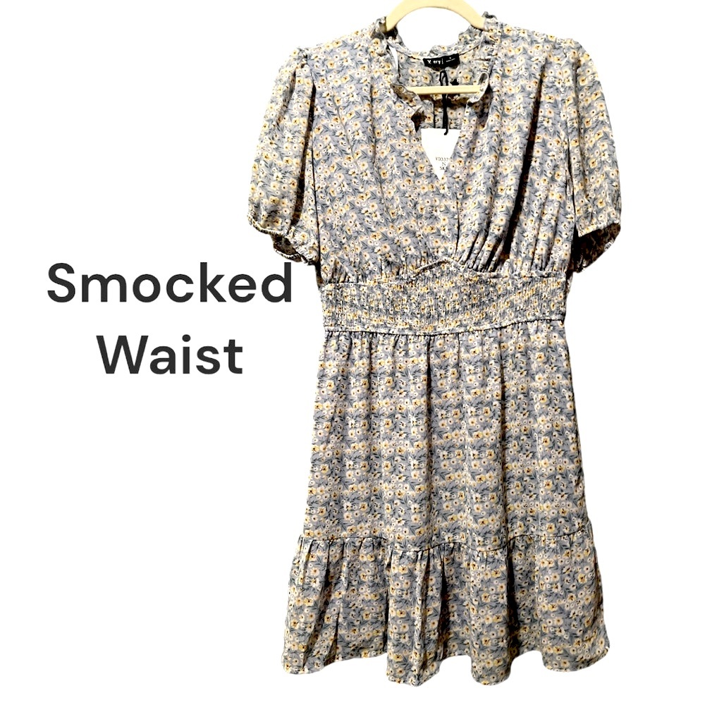 VERY J NWT Mini Dress DUSTY BLUE reminiscent of 1960’s, beautiful smocked bodice